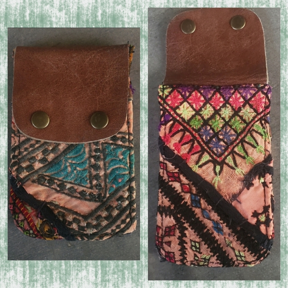 🧠🍳 Free People Boho Embroidered Repurposed vtg banjara hippie Wallet card case